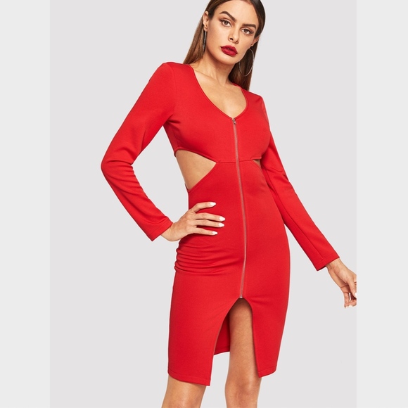 Zip Front Cut Out Slit Bodycon Red Dress Slim - Picture 4 of 7
